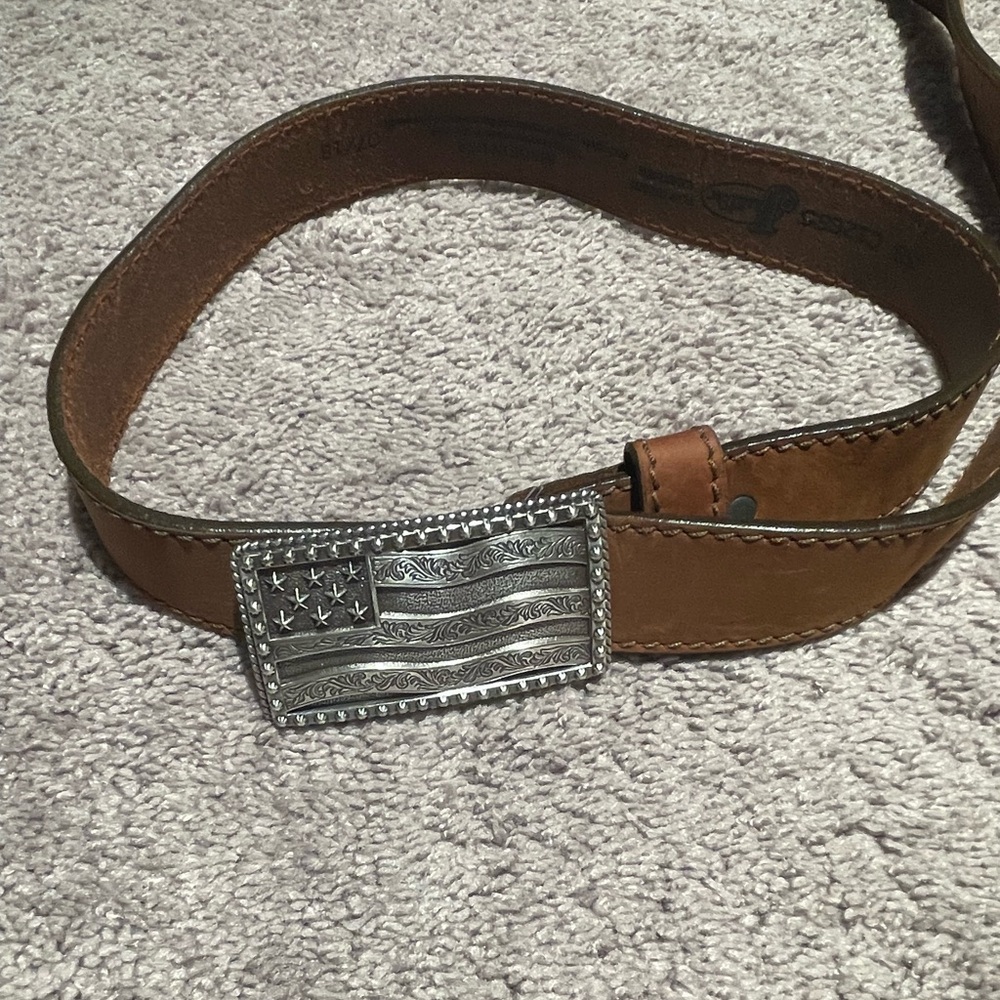 Justin Boots Tan Leather Belt with Silver Flag Buckle